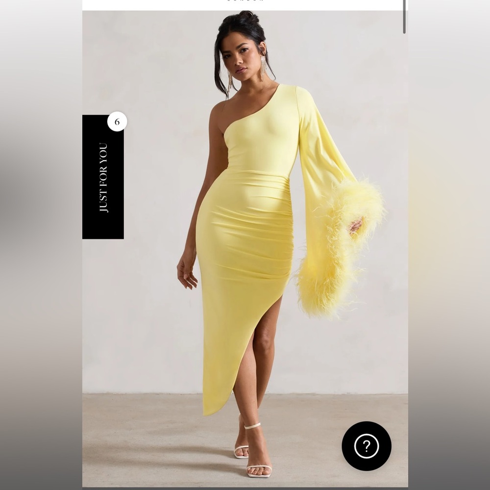 LEMON ASYMMETRIC ONE SHOULDER CAPE MIDI DRESS WITH FEATHERS